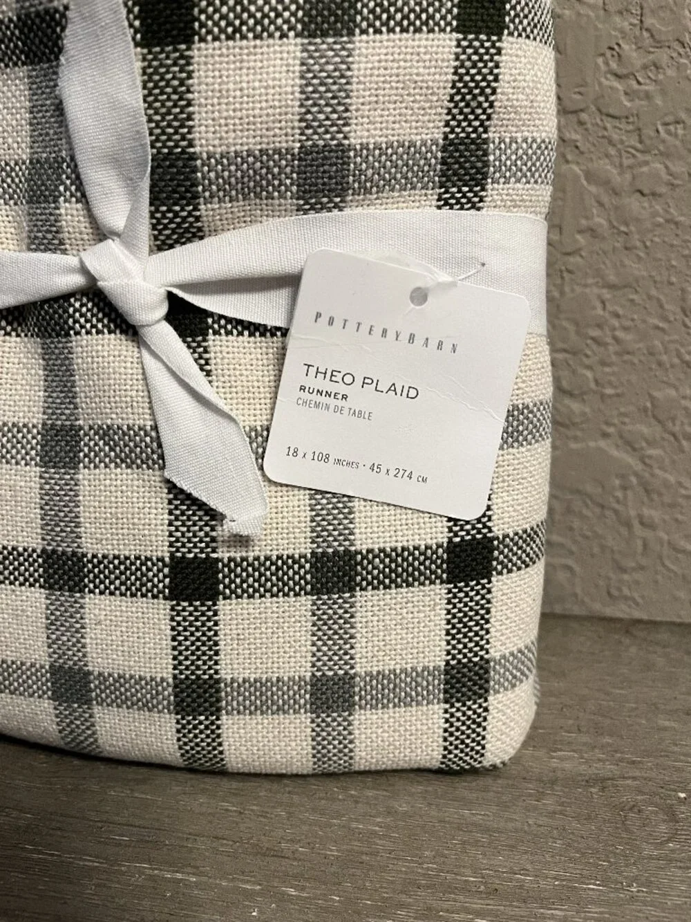 Pottery Barn Theo Plaid Green & Ivory Table Runner 18 x 108